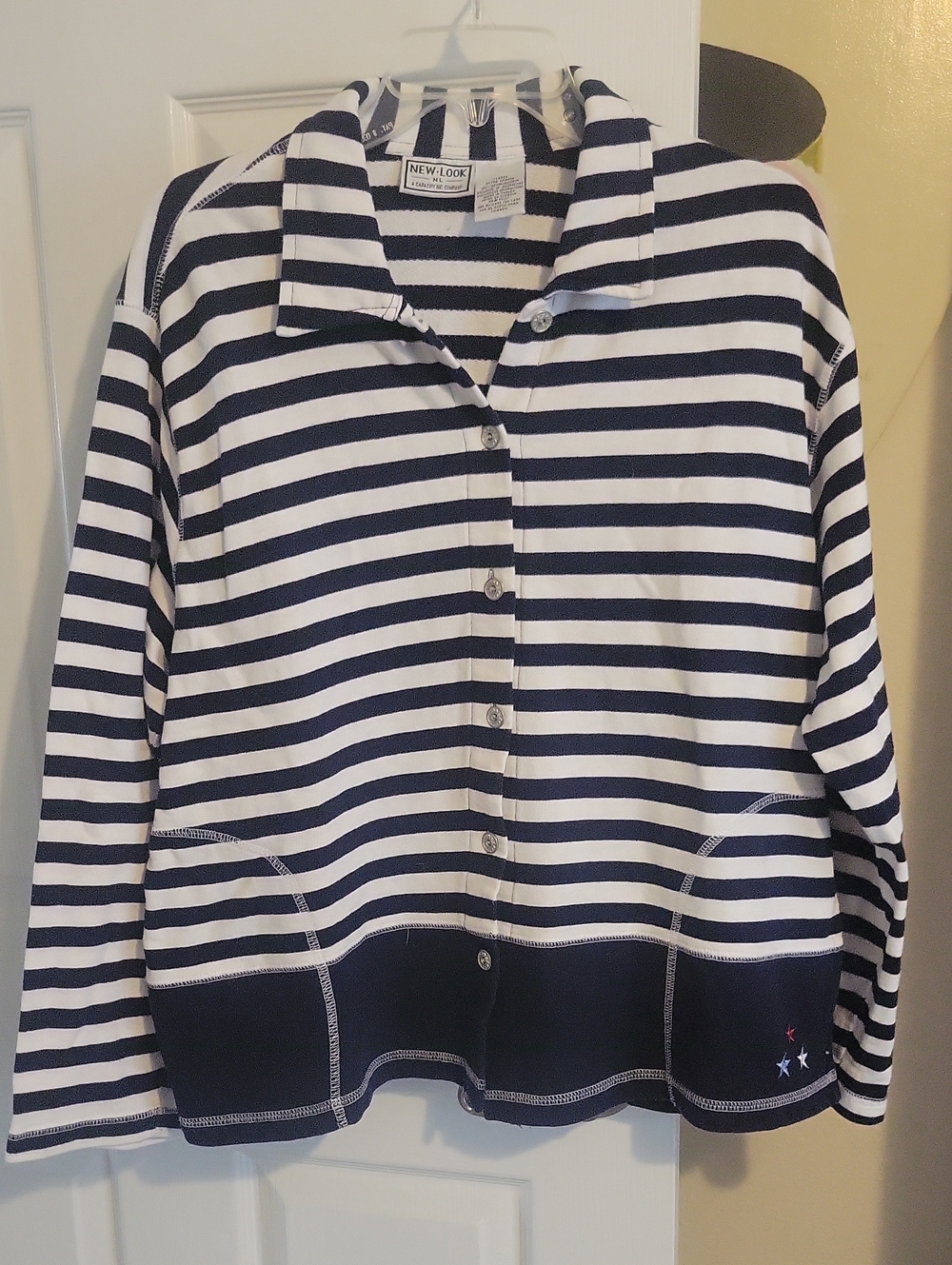 New Look SzXK 100% Cotton Navy & White Striped Button-Down Jacket side pockets